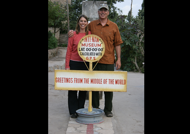 Greg and I at the Middle of the World. We visited a fantastic museum with our guide Roberto where we got to do a variety of experiments with gravity on the exact Equator line. Yes, the water does flush straight down!